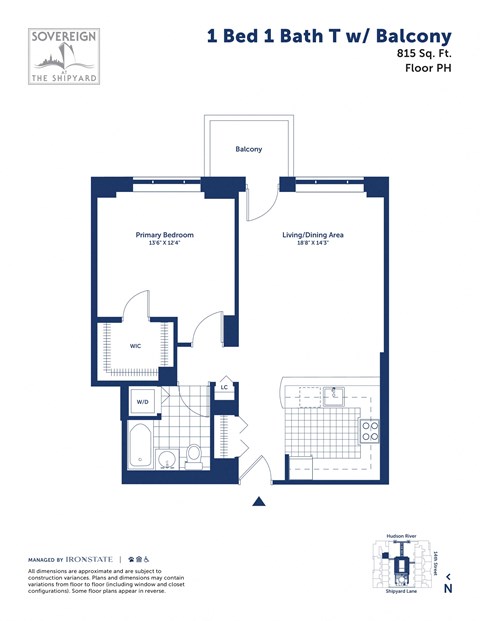 Floor plan for 1 bed, 1 bath, 815 sqft